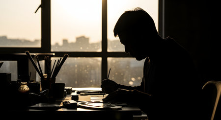 A silhouette of a male artist sitting at a desk and painting with a fine brush. He is backlit by a large window with a bright sunset or sunrise over a blurred city skyline. The scene evokes creativity, focus, and the artist's life.の素材