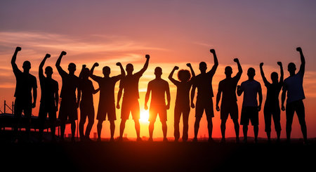 Silhouette of a group of business people celebrating success at sunsetの素材