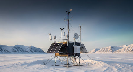 A remote, automated weather station stands in a vast, snowy landscape, surrounded by distant mountains under a clear sky. The station is equipped with solar panels, antennas, and various scientific instruments for climate research. This image represents science, data collection, and the Arctic environment.の素材