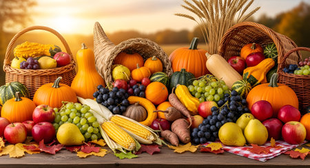 A bountiful autumn harvest display centered around a wicker cornucopia and baskets overflowing with fresh produce. The arrangement includes pumpkins, gourds, grapes, apples, pears, corn, and wheat stalks, all set on a wooden surface with fall leaves. This image represents Thanksgiving and the abundance of the fall season.の素材
