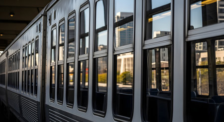 Side view of a modern commuter train with a row of clean windows reflecting a blurred cityscape. The image captures the essence of urban public transportation, travel, and daily commutes. The metallic exterior of the train adds a sleek and industrial feel.の素材