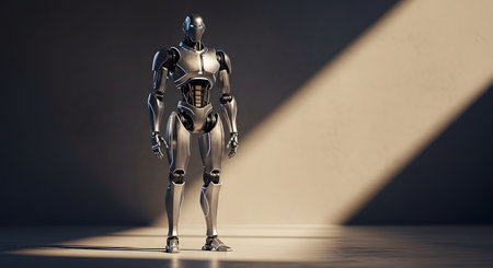 A full-body 3D render of a sleek, metallic humanoid robot standing in a minimalist room. The android features advanced design, and a strong diagonal beam of light casts a shadow, highlighting concepts of artificial intelligence, technology, and the future.の素材