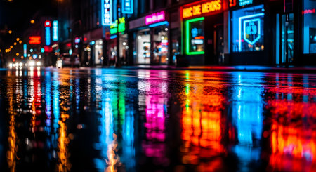A low-angle view of a wet city street at night, capturing the vibrant reflections of colorful neon signs on the glistening asphalt. Cars are blurred in the background, enhancing the urban nightlife atmosphere and cyberpunk aesthetic.の素材