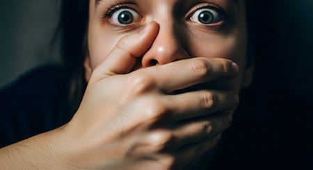 A dramatic close-up of a woman's face showing extreme fear and shock. Her eyes are wide open in terror, and she covers her mouth with her hand, as if to stifle a scream. The dark, moody lighting enhances the feeling of suspense, horror, and vulnerability.の素材