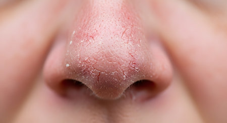 An extreme macro close-up of a person's nose, showing very dry, red, and flaky skin. The skin is cracked and peeling, indicating dehydration, sunburn, or a dermatological condition. This image focuses on skin texture and health problems.の素材
