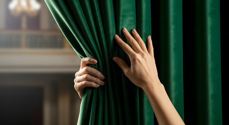 A pair of hands gently parts a heavy, dark green velvet curtain, revealing a softly blurred view of a grand hall or theater in the background. The image evokes a sense of opening, beginning, mystery, or a peek behind the scenes.の素材