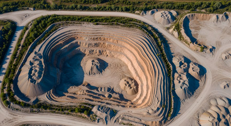 An aerial, top-down drone view of a large open-pit mine or quarry. The excavation site features distinct terraced levels exposing different geological layers of earth and sand. Piles of gravel and service roads are visible, illustrating the scale of the mining, extraction, and industrial operation.の素材