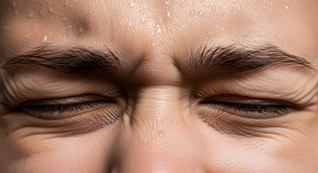 An extreme close-up macro shot of a person's eyes squeezed shut tightly, causing wrinkles to form on the skin. Tiny droplets of sweat are visible on the forehead, suggesting exertion, stress, pain, or intense concentration.の素材