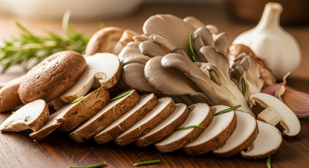 A variety of fresh mushrooms, including sliced crimini and whole oyster mushrooms, are arranged on a rustic wooden cutting board. Fresh herbs like rosemary and garlic bulbs are also present, ready for cooking a gourmet meal.の素材