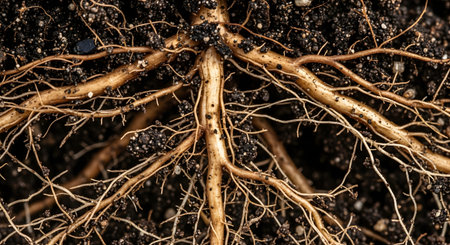 A detailed macro shot from above showing a complex network of plant roots spreading through dark, rich soil. The image highlights the intricate structure of the root system, symbolizing growth, foundation, and the hidden life beneath the surface.の素材