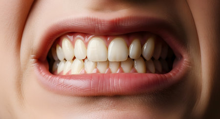 An extreme close-up of a person's mouth, showing healthy white teeth and gums. The person is clenching their teeth together, possibly in an expression of anger, stress, frustration, or from grinding (bruxism).の素材