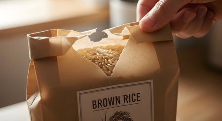 A close-up shot of a hand opening a torn paper bag labeled "BROWN RICE". The bag is filled with uncooked brown rice grains, and the background is a softly blurred kitchen counter, suggesting healthy eating or cooking preparation.の素材