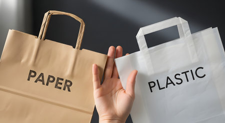 A hand is shown between a brown paper bag labeled "PAPER" and a white plastic bag labeled "PLASTIC." The image represents the choice between different types of shopping bags, sustainability, recycling, and environmental awareness.の素材