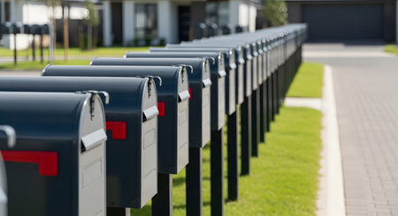 A diminishing perspective shot of a long, orderly row of identical black mailboxes with red flags along a sidewalk in a suburban neighborhood. The image represents community, suburbia, communication, and the American dream, with modern homes in the background.の素材