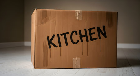 A large, brown cardboard moving box is sitting on a light-colored wooden floor in an empty room. The word 'KITCHEN' is written on the side in large, black marker with drip marks. The box is sealed with tape, symbolizing moving day, relocation, or packing.の素材