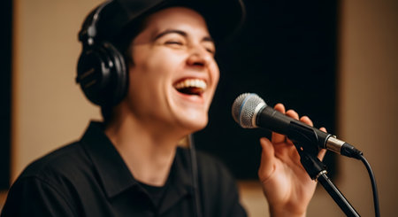 A close-up, slightly blurred shot of a young person wearing a baseball cap and headphones, laughing joyfully while singing into a microphone. The setting appears to be a recording studio, conveying happiness, passion, and the creative process of making music or a podcast.の素材