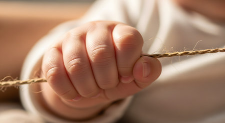 A macro close-up of a baby's tiny hand, with small, chubby fingers, tightly grasping a piece of rough, brown jute twine or rope. The background is soft and warm, suggesting a gentle, domestic setting.の素材