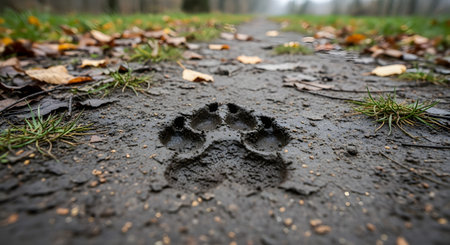 A single, clear paw print from a dog is pressed into the wet mud on a path. The low-angle, close-up shot emphasizes the texture of the mud and the details of the print. The background shows a blurry forest trail with autumn leaves, suggesting a walk in nature.の素材