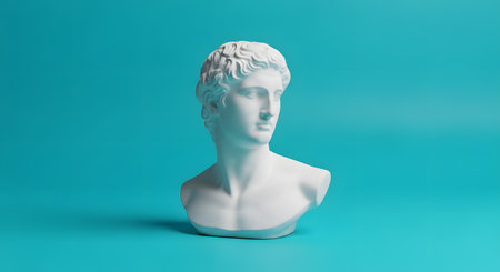 A white plaster bust of a classical Greek or Roman statue, possibly Apollo, set against a solid, vibrant turquoise or teal background. The minimalist and modern presentation contrasts with the ancient art form. This image represents art, history, culture, and classicism.の素材