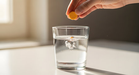 A hand is shown dropping an orange effervescent tablet into a clear glass of water on a white table. The tablet is just hitting the water, starting to fizz and dissolve, creating bubbles. This image represents health, supplements, vitamins, and medicine.の素材