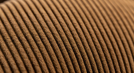 A close-up macro photograph of brown corduroy fabric, showing the distinct parallel raised lines known as wales. The soft, textured material provides a warm and tactile background.の素材