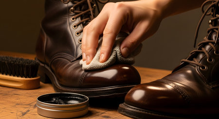 A close-up of a person's hand applying polish with a cloth to a dark brown leather boot. A tin of black shoe polish and a cleaning brush are visible on the wooden surface. This action represents shoe care, maintenance, and shining leather goods.の素材