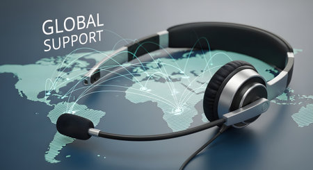 A modern headset with a microphone is positioned over a world map that has glowing lines connecting various points across the globe. The image, with the text 'GLOBAL SUPPORT', conceptualizes international customer service, communication networks, and a 24/7 call center.の素材