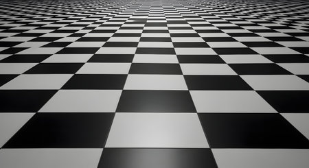 A black and white checkerboard floor stretches into the distance, creating a strong sense of perspective and depth. The geometric pattern of alternating squares provides a classic, abstract, and visually striking background.の素材