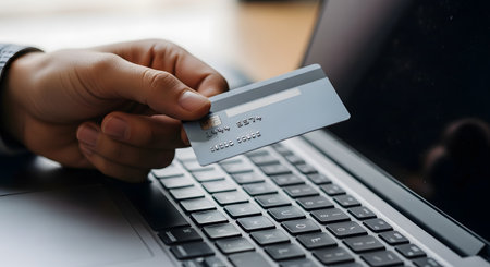 A close-up shot of a person's hand holding a generic credit card over a laptop keyboard, preparing to make an online purchase. The image represents e-commerce, online banking, and digital transactions.の素材