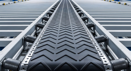 A long, empty conveyor belt with a black rubber surface and side rollers stretches into the distance, creating a strong vanishing point perspective. The clean, modern system is likely part of an automated sorting line in a warehouse, factory, or distribution center. It represents logistics, industry, and automation.の素材