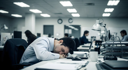 An exhausted businessman in a dress shirt has fallen asleep at his desk in a modern office, his head resting on his arms next to his laptop. The desaturated, cool-toned image suggests burnout, overwork, and fatigue in a corporate environment.の素材