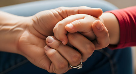 A close-up shot of a mother's hand, wearing a diamond ring, gently holding the small hand of her child. The image conveys powerful emotions of love, trust, protection, and the unbreakable bond between a parent and child.の素材