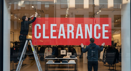 Two male workers are putting up a large red "CLEARANCE" sign on the inside of a clothing store's glass window. One man is on a stepladder adjusting the top, while the other assists from the ground, with clothing racks visible inside.の素材