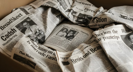 A pile of old, crumpled newspapers with placeholder text and black-and-white photos, possibly used as packing material inside a cardboard box. The focus is on the textured paper, headlines, and vintage photographs, giving a nostalgic feel.の素材