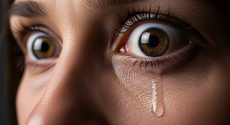 An extreme close-up of a woman's wide, startled eyes, filled with fear or shock. A single tear streams down her cheek from one eye. The detailed macro shot highlights the emotion, long eyelashes, and the hazel iris.の素材