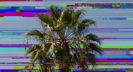 A green palm tree is heavily distorted with a colorful digital glitch and datamosh effect. Bright horizontal bars of color and pixelation disrupt the image, creating a chaotic, abstract, and futuristic aesthetic.の素材