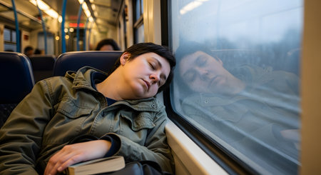 A person wearing a green jacket is fast asleep on a train, leaning their head against the window. Their tired reflection is visible in the rain-streaked glass. This image captures the exhaustion of commuting and public transportation.の素材