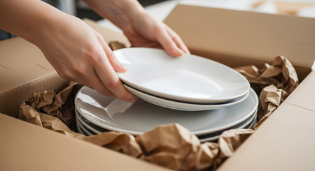 A person's hands are carefully packing a stack of clean, white ceramic plates into a cardboard moving box. The fragile items are protected by crumpled brown packing paper to prevent breakage during shipping or moving.の素材