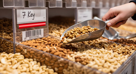A customer's hand uses a metal scoop to take walnuts from a bulk food bin in a grocery store or zero-waste shop. Surrounding bins are filled with other nuts like almonds and cashews, promoting sustainable, package-free shopping.の素材