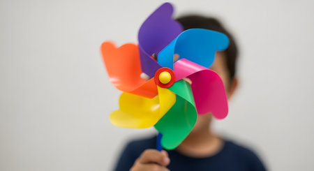 A child, with their face obscured, holds up a vibrant, multi-colored rainbow pinwheel. The toy is in sharp focus against a plain, light-colored background, symbolizing childhood, innocence, play, and simple joys.の素材