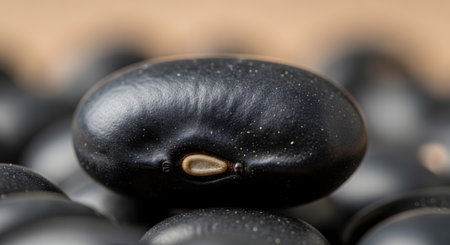 An extreme close-up (macro) shot of a single dry black bean, showing its smooth, speckled texture and the white hilum (eye). The bean rests on a pile of other black beans.の素材