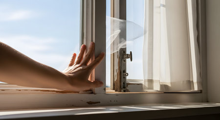 A person's hand is placed near an old, weathered window frame with peeling paint, checking for a cold air draft. The image illustrates concepts of heat loss, poor insulation, energy inefficiency, and the need for home repairs or weather stripping.の素材