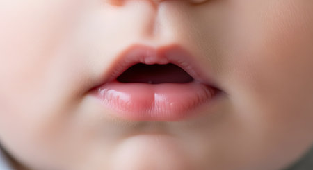 An extreme macro close-up of a baby's soft, pink lips, which are slightly open. The image highlights the smooth, perfect skin and the delicate texture of the infant's mouth. This represents innocence, new life, and infancy.の素材