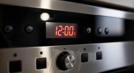A close-up of the control panel of a modern stainless steel oven. The red digital display shows the time '12:00', and a silver control knob is visible below it, representing kitchen appliances, cooking, or time.の素材