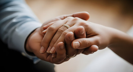 A tender close-up of a married couple holding hands, showing their gold wedding rings. The man's hands gently envelop the woman's, symbolizing love, commitment, and support. The soft focus and warm lighting create an intimate and romantic atmosphere.の素材