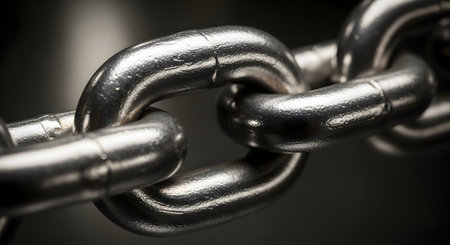 A powerful macro shot of a heavy-duty metal chain, focusing on the interconnected links. The dark, industrial look and worn texture of the steel symbolize strength, connection, security, and bondage.の素材