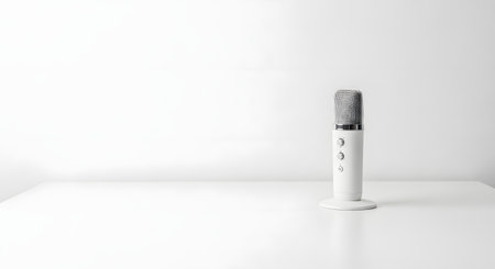 A sleek, white USB condenser microphone stands on a clean white desk against a plain white wall. The minimalist composition provides ample copy space, representing podcasting, streaming, audio recording, and modern communication.の素材