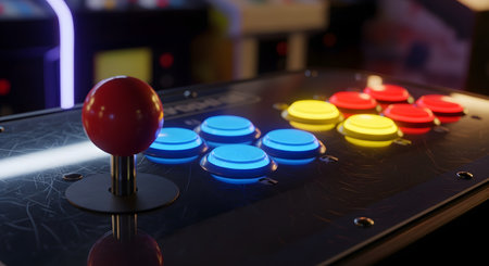 A close-up, low-angle shot of a retro arcade game controller, featuring a red ball-top joystick and multiple illuminated buttons in blue, yellow, and red. The dark, moody lighting enhances the nostalgic, gaming, and entertainment theme.の素材