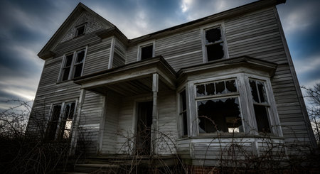 A low-angle shot of an old, dilapidated wooden house with broken windows and peeling paint under a dark, cloudy sky. The overgrown thorny bushes in the foreground enhance the spooky, haunted, and abandoned atmosphere of the building.の素材