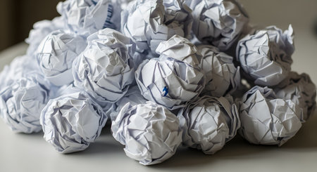 A large pile of white crumpled paper balls sits on a flat surface. This image symbolizes concepts like mistakes, frustration, writer's block, brainstorming, and the creative process of trial and error.の素材